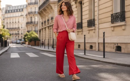 Femme en look color block rose poudré et rouge Lava Falls dans une rue parisienne ensoleillée