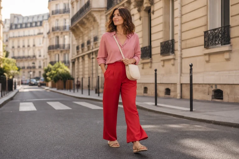 Femme en look color block rose poudré et rouge Lava Falls dans une rue parisienne ensoleillée