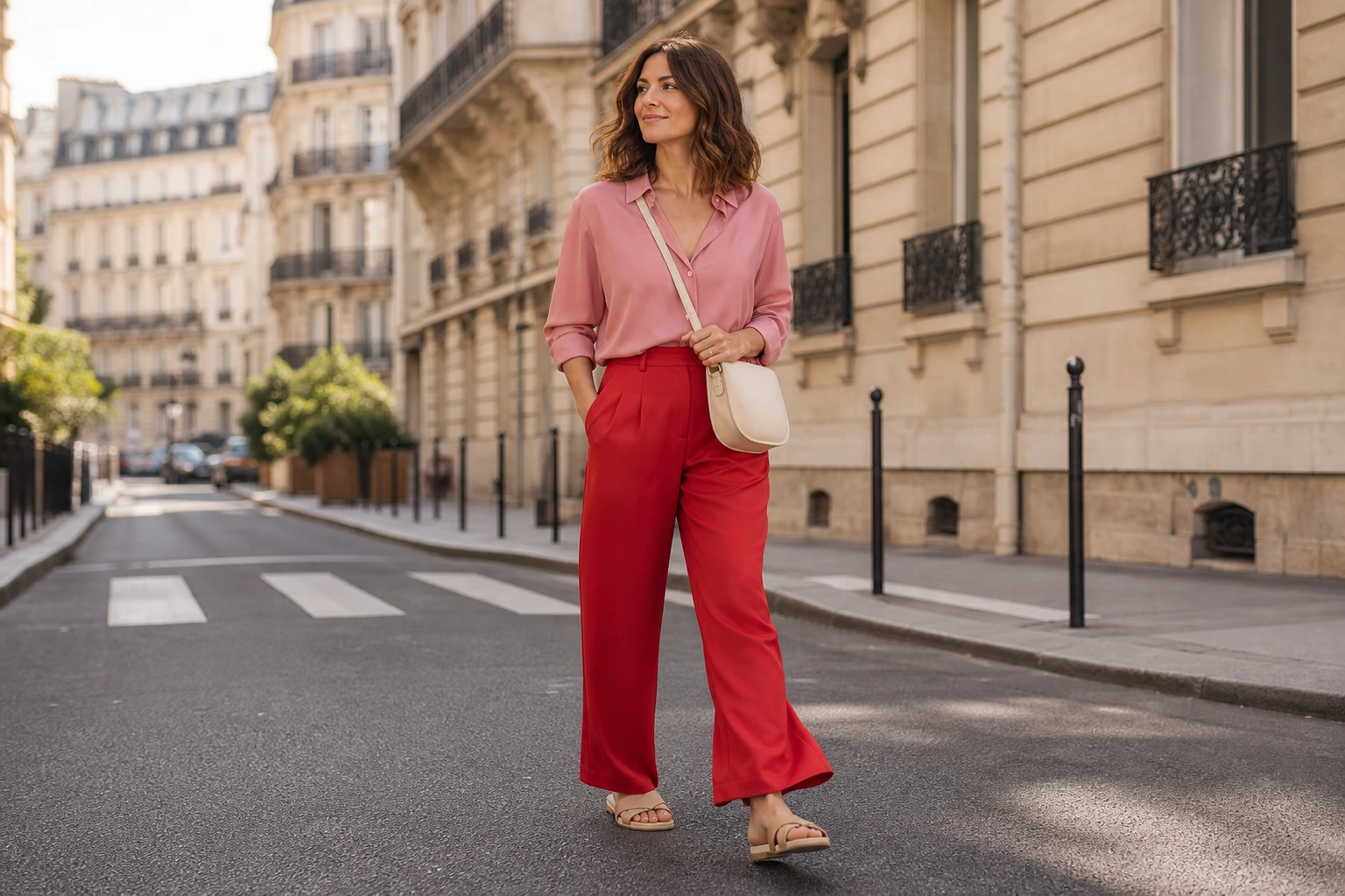 Femme en look color block rose poudré et rouge Lava Falls dans une rue parisienne ensoleillée