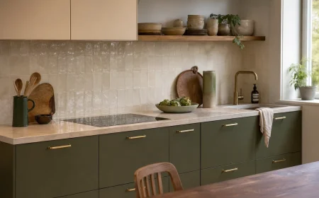 Cuisine contemporaine vert olive avec plan de travail pierre claire et accessoires laiton, tendance 2026