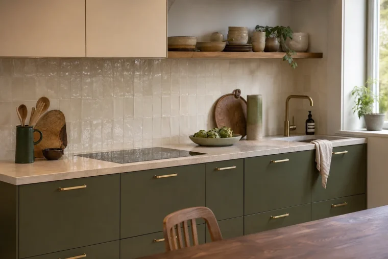 Cuisine contemporaine vert olive avec plan de travail pierre claire et accessoires laiton, tendance 2026