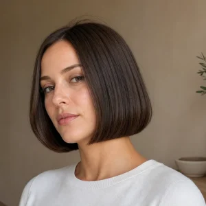Femme portant un Japanese Bob brun brillant coupé à la mâchoire, pointes rentrées vers l'intérieur
