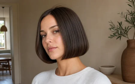 Femme portant un Japanese Bob brun brillant coupé à la mâchoire, pointes rentrées vers l'intérieur