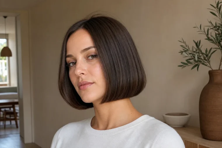 Femme portant un Japanese Bob brun brillant coupé à la mâchoire, pointes rentrées vers l'intérieur