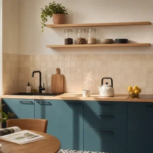 Petite cuisine moderne sans meubles hauts, étagères ouvertes et plan en bois clair