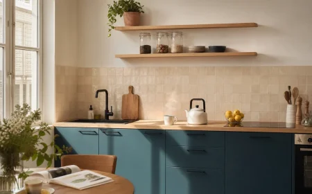 Petite cuisine moderne sans meubles hauts, étagères ouvertes et plan en bois clair