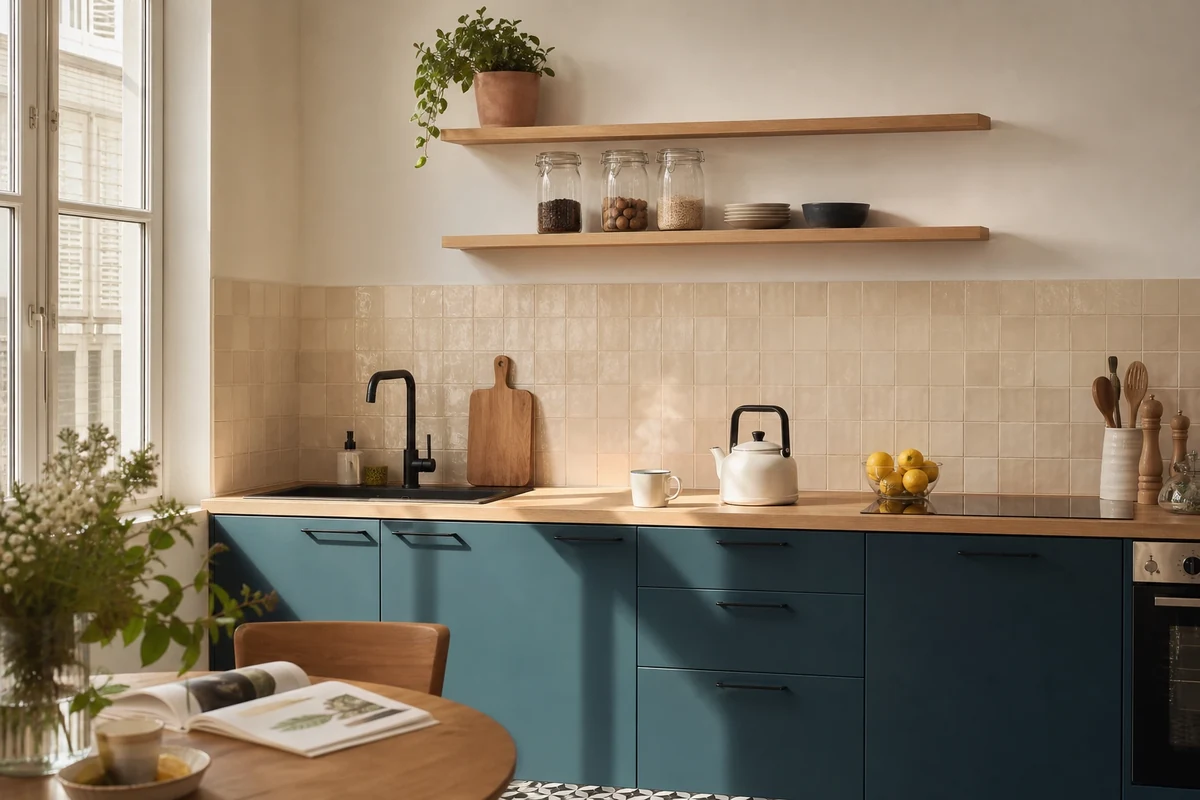 Petite cuisine moderne sans meubles hauts, étagères ouvertes et plan en bois clair