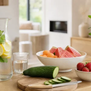 Carafe d'eau citron-menthe, pastèque, melon, concombre et fraises sur un plan de travail clair