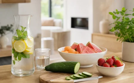 Carafe d'eau citron-menthe, pastèque, melon, concombre et fraises sur un plan de travail clair