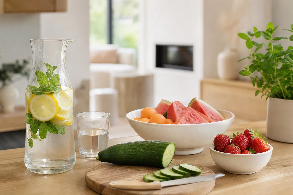 Carafe d'eau citron-menthe, pastèque, melon, concombre et fraises sur un plan de travail clair