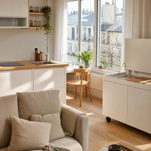 Studio parisien avec cuisine compacte fixe blanche en L à gauche et bloc cuisine escamotable mobile blanc à droite