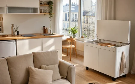 Studio parisien avec cuisine compacte fixe blanche en L à gauche et bloc cuisine escamotable mobile blanc à droite