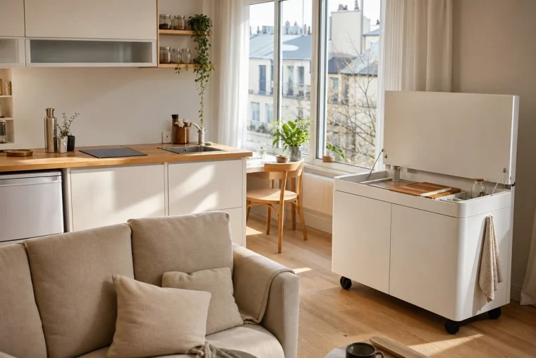 Studio parisien avec cuisine compacte fixe blanche en L à gauche et bloc cuisine escamotable mobile blanc à droite