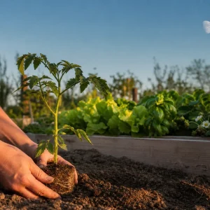 Mains plantant un plant de tomate dans un potager français au crépuscule avec la lune visible dans le ciel