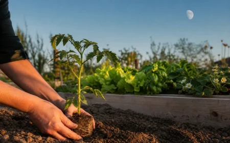 Mains plantant un plant de tomate dans un potager français au crépuscule avec la lune visible dans le ciel