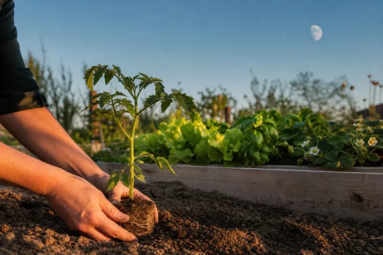 Mains plantant un plant de tomate dans un potager français au crépuscule avec la lune visible dans le ciel