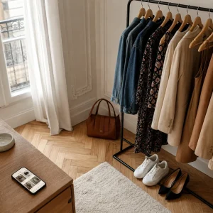 Dressing parisien organisé avec smartphone affichant une plateforme de seconde main mode