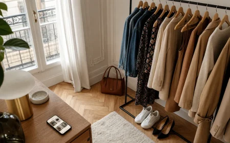 Dressing parisien organisé avec smartphone affichant une plateforme de seconde main mode