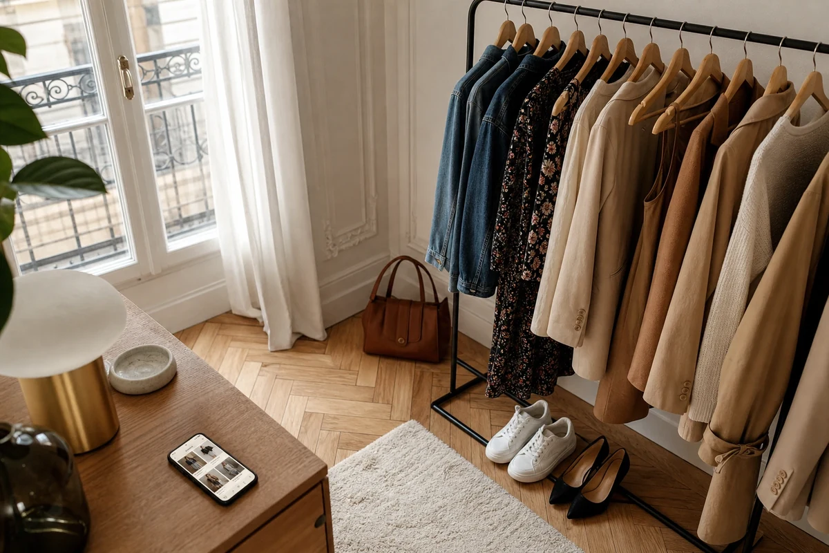 Dressing parisien organisé avec smartphone affichant une plateforme de seconde main mode