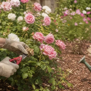 Taille des rosiers après la première floraison en juin avec sécateur au-dessus d'une feuille à cinq folioles