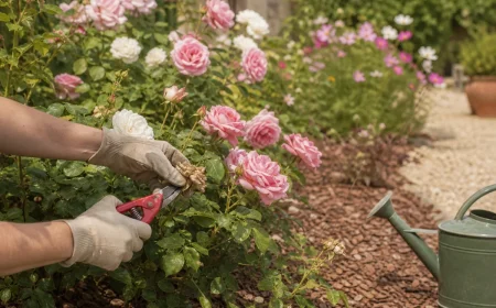 Taille des rosiers après la première floraison en juin avec sécateur au-dessus d'une feuille à cinq folioles