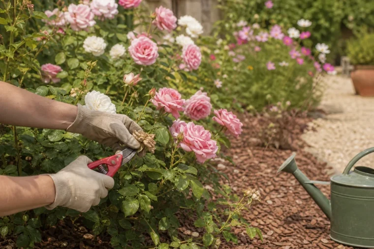 Taille des rosiers après la première floraison en juin avec sécateur au-dessus d'une feuille à cinq folioles