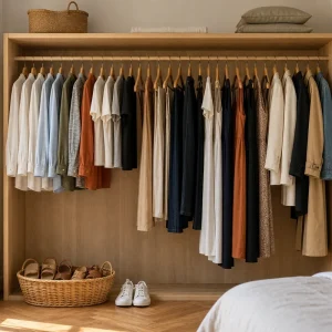 Garde-robe capsule été de 30 pièces en lin et coton bio rangée dans une penderie en bois clair