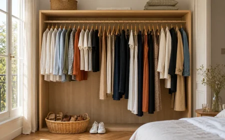 Garde-robe capsule été de 30 pièces en lin et coton bio rangée dans une penderie en bois clair