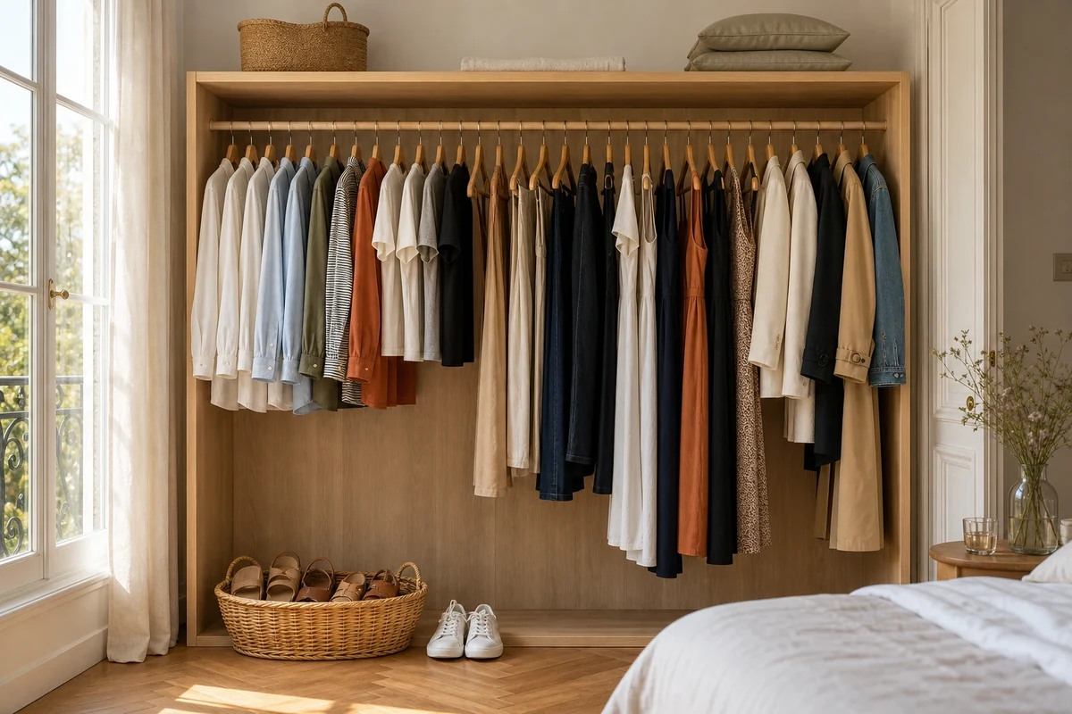 Garde-robe capsule été de 30 pièces en lin et coton bio rangée dans une penderie en bois clair