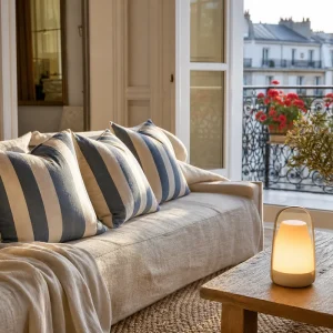 Salon esprit bord de mer 2026 : canapé crème, coussins rayés bleu marine, lampe nomade allumée et lin lavé sur table basse en bois clair
