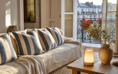 Salon esprit bord de mer 2026 : canapé crème, coussins rayés bleu marine, lampe nomade allumée et lin lavé sur table basse en bois clair