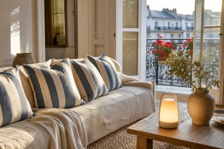 Salon esprit bord de mer 2026 : canapé crème, coussins rayés bleu marine, lampe nomade allumée et lin lavé sur table basse en bois clair