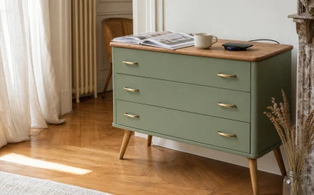 Commode brocante relookée vert sauge avec smartphone en charge sans fil sur le plateau