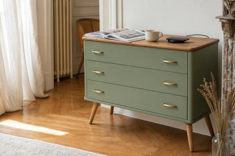 Commode brocante relookée vert sauge avec smartphone en charge sans fil sur le plateau