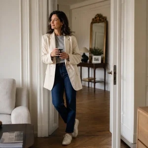 Femme en blazer écru et sweat gris associé à un jean droit et sneakers blanches sur terrasse parisienne