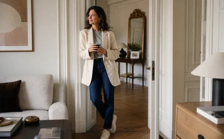 Femme en blazer écru et sweat gris associé à un jean droit et sneakers blanches sur terrasse parisienne