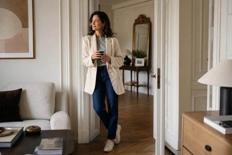 Femme en blazer écru et sweat gris associé à un jean droit et sneakers blanches sur terrasse parisienne