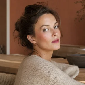 Femme arborant un maquillage été 2026 avec teint velouté, lèvres glossy framboise et paupière irisée argentée