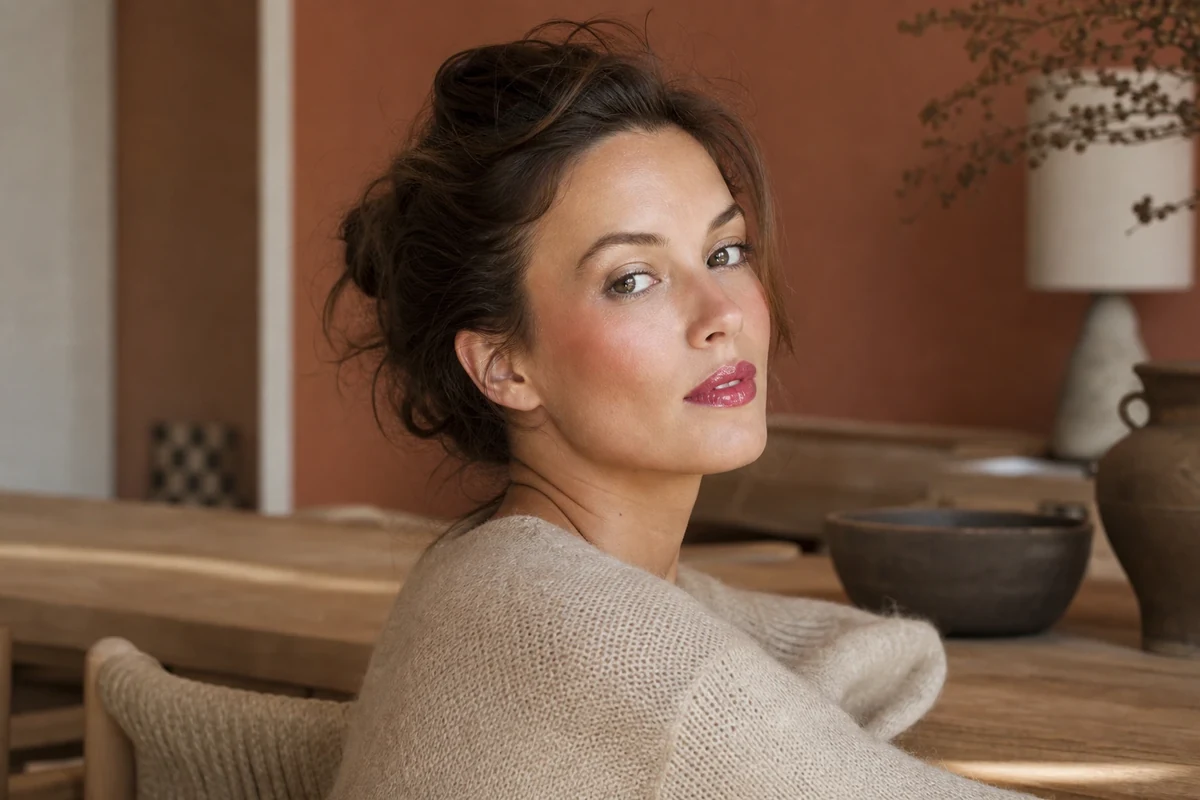 Femme arborant un maquillage été 2026 avec teint velouté, lèvres glossy framboise et paupière irisée argentée