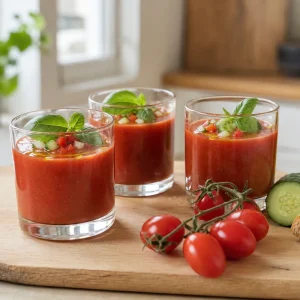 Trois verrines de gaspacho de tomates rouge vif garnies de dés de concombre, poivron et basilic, posées sur une planche en bois