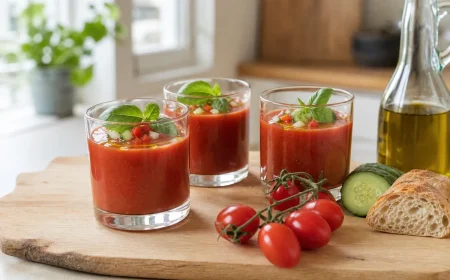 Trois verrines de gaspacho de tomates rouge vif garnies de dés de concombre, poivron et basilic, posées sur une planche en bois