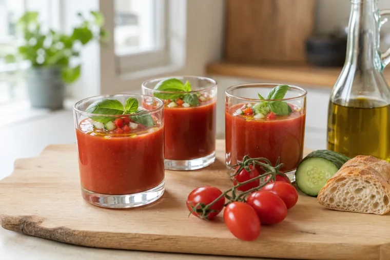 Trois verrines de gaspacho de tomates rouge vif garnies de dés de concombre, poivron et basilic, posées sur une planche en bois