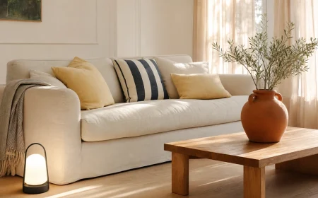 Salon estival avec coussins jaune beurre, plaid à rayures balnéaires et lampe nomade