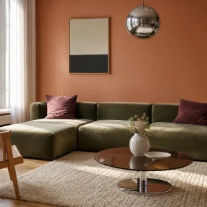 Salon revival années 90 en 2026 avec canapé modulaire vert mousse, chrome poli et mur peach