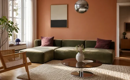 Salon revival années 90 en 2026 avec canapé modulaire vert mousse, chrome poli et mur peach
