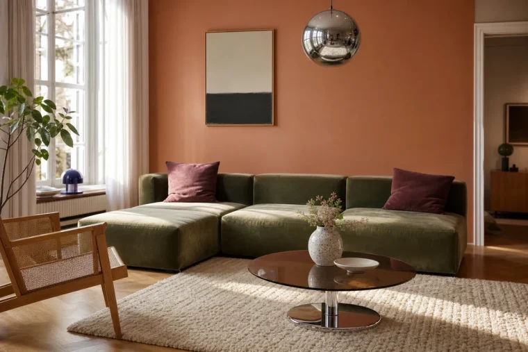 Salon revival années 90 en 2026 avec canapé modulaire vert mousse, chrome poli et mur peach