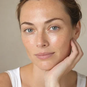 Visage de femme à la peau glass skin lumineuse et translucide en été