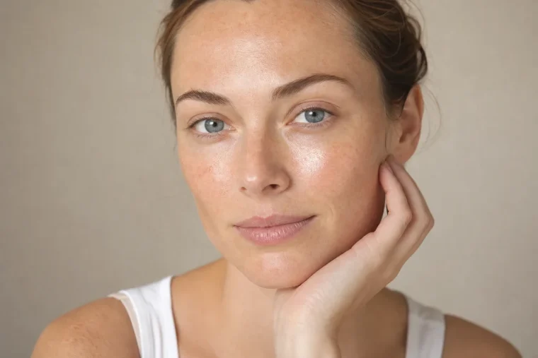 Visage de femme à la peau glass skin lumineuse et translucide en été