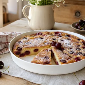 Clafoutis aux cerises traditionnel doré dans son plat en porcelaine blanche, deux parts découpées