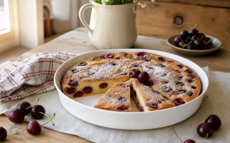 Clafoutis aux cerises traditionnel doré dans son plat en porcelaine blanche, deux parts découpées